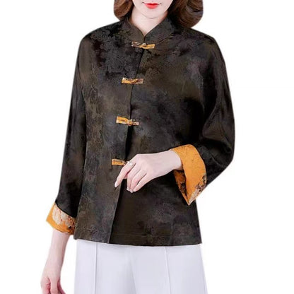 Fashion Standing Collar Printed Button Side Opening Silk Long Sleeve Coat