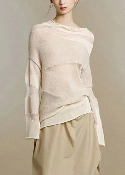 Casual Turtleneck Tulle Patchwork Thin Knit Top