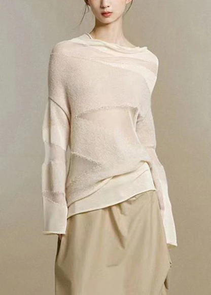 Casual Turtleneck Tulle Patchwork Thin Knit Top