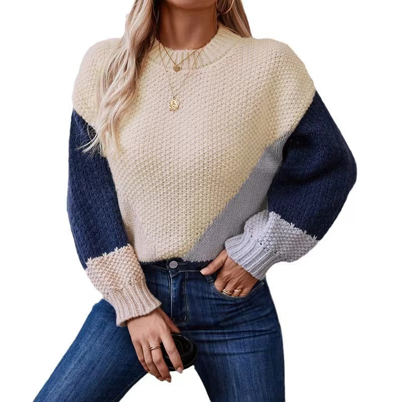 Pullover Crew Neck Colour Block Knit Sweater