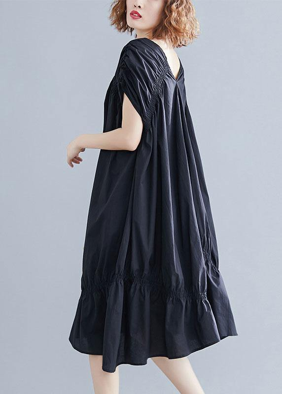 Italian V-neck waisted cotton dress black dress