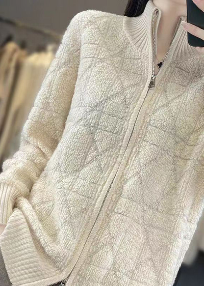 Casual Patchwork Wool Stand-up Collar Long Sleeve Sweater Jacket