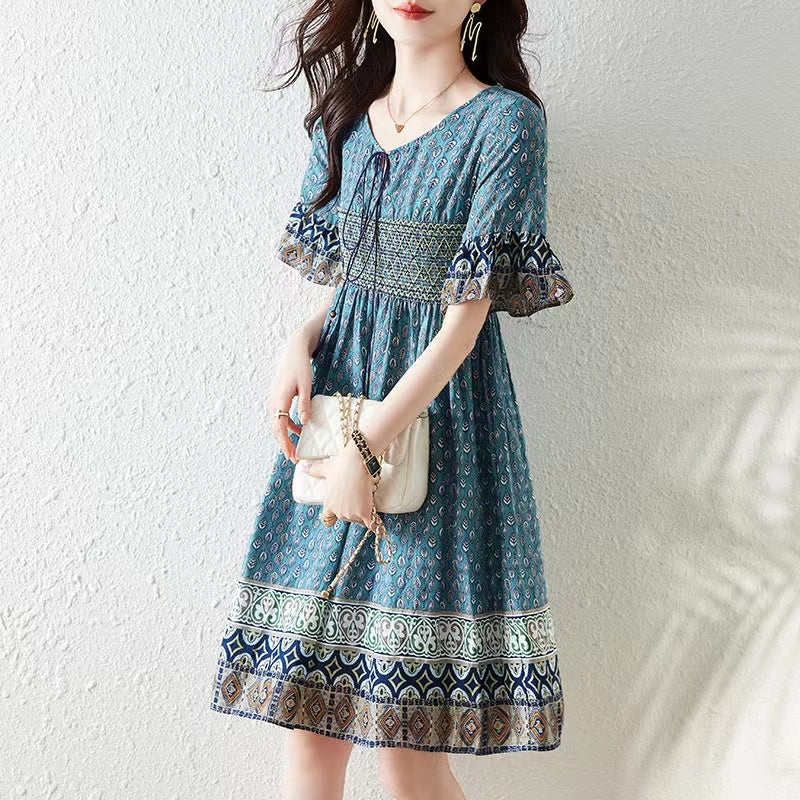 V-Neck Tie Printed Ruffle Color Collision Short Sleeve Dress