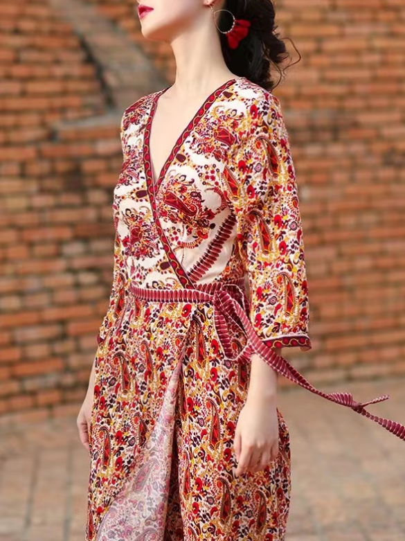 Floral Printed V-Neck Color Block Tie Beach Dress