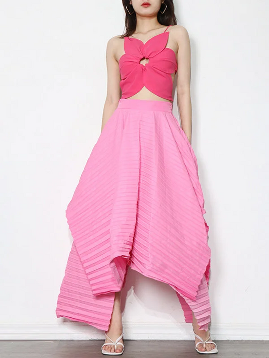 Italy Pink Waist Pleat Irregular Hem Skirt