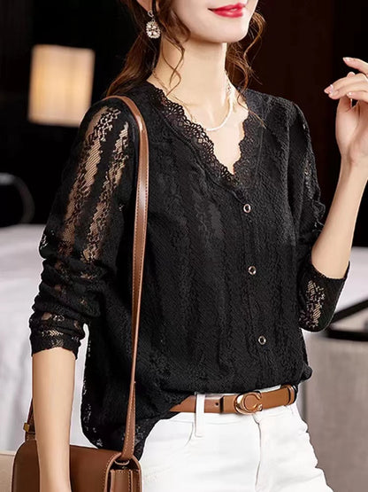Lace V-Neck Cutout Patchwork Long Sleeve Top