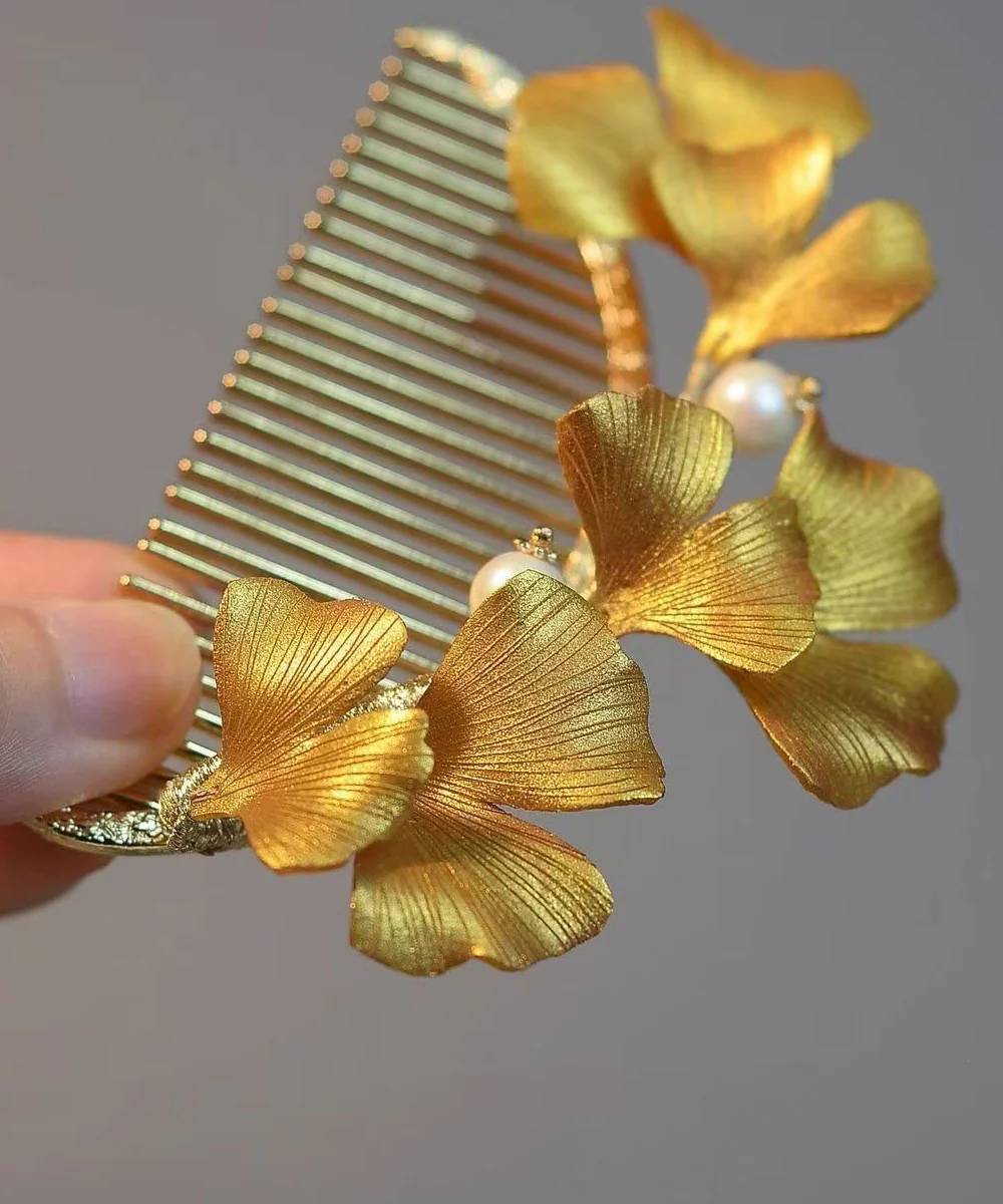 Women's Yellow Sterling Silver Gold Plated Ginkgo Biloba Hair Clips Hundred