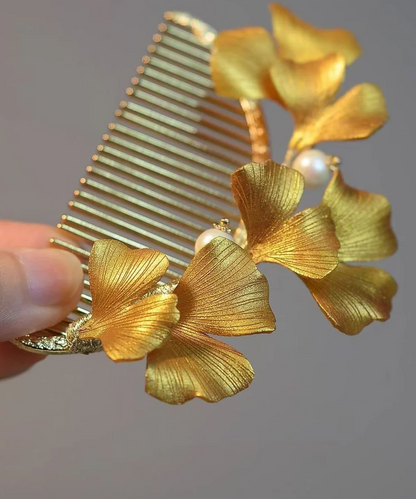 Women's Yellow Sterling Silver Gold Plated Ginkgo Biloba Hair Clips Hundred