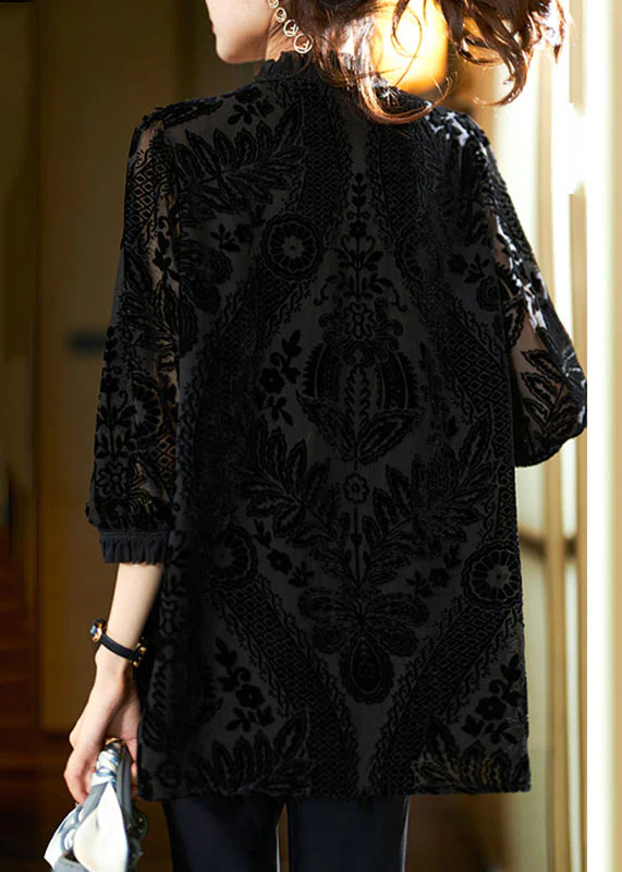 French V-Neck Floral Velvet Patchwork Top