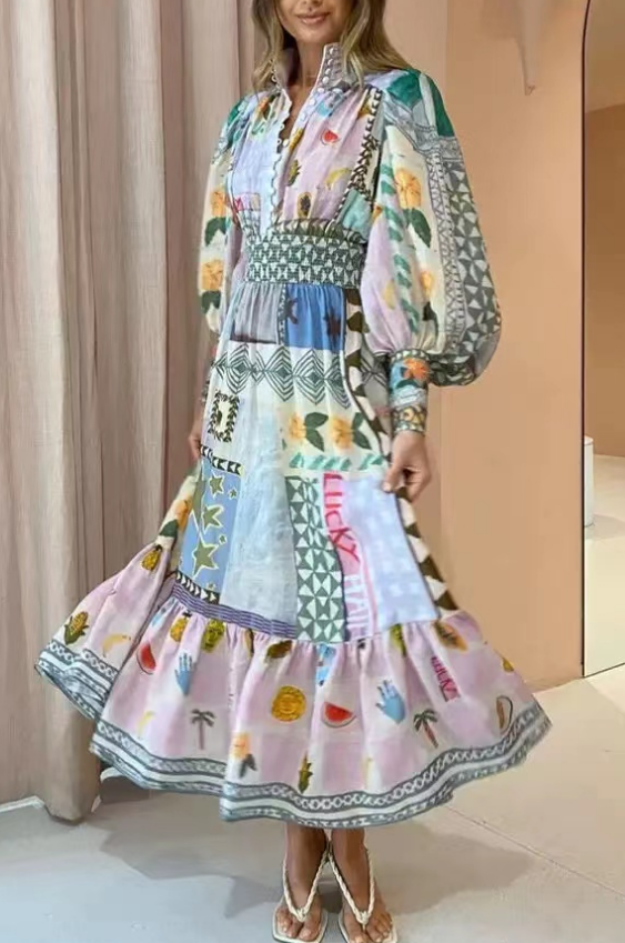 Elegant Printed Button Slim Waist Long Sleeve Long Dresses