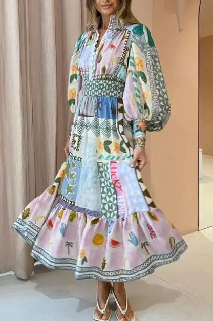 Elegant Printed Button Slim Waist Long Sleeve Long Dresses