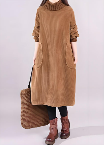 Women's Brown Thick Corduroy Dress High Neck Long Sleeve