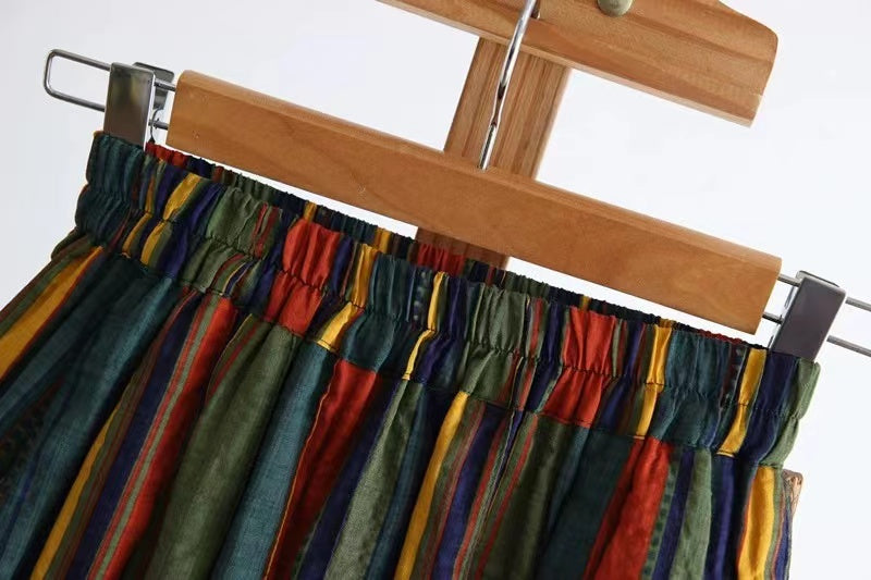 Colorblocked Striped Vacation Cotton A-Line Skirt
