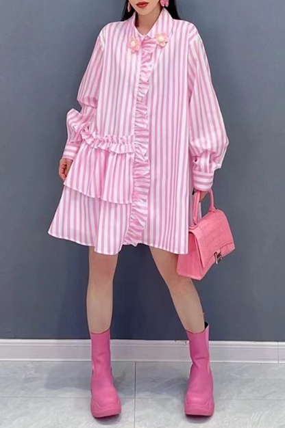 Stylish Striped Ruffle Shirt Dress