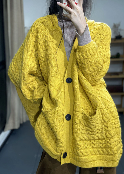 Modern Yellow Oversized Pocket Rabbit Hair Knit Cardigan Winter