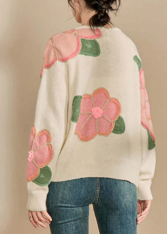 Women's Floral Patchwork Cozy Cotton Knit Sweater Winter