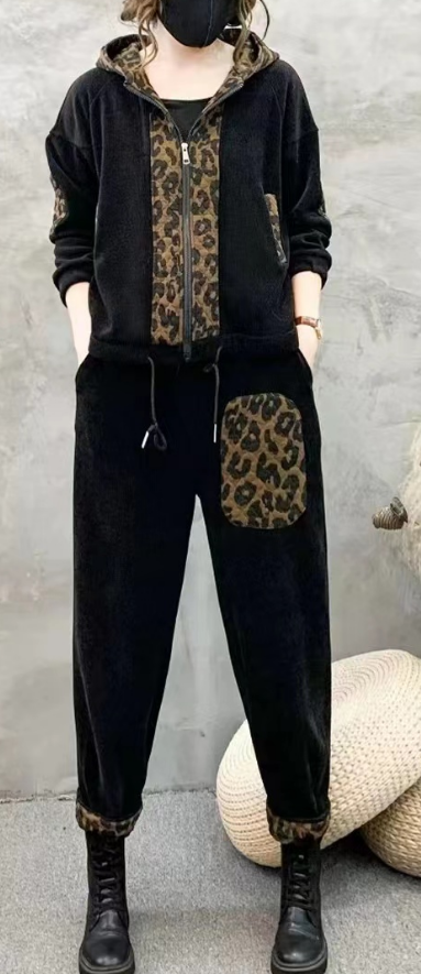 Casual leopard print patchwork drawstring thickened fleece two-piece set