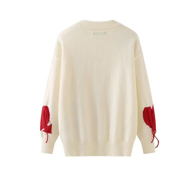 Pullover White Heart Fringe Knit Sweater