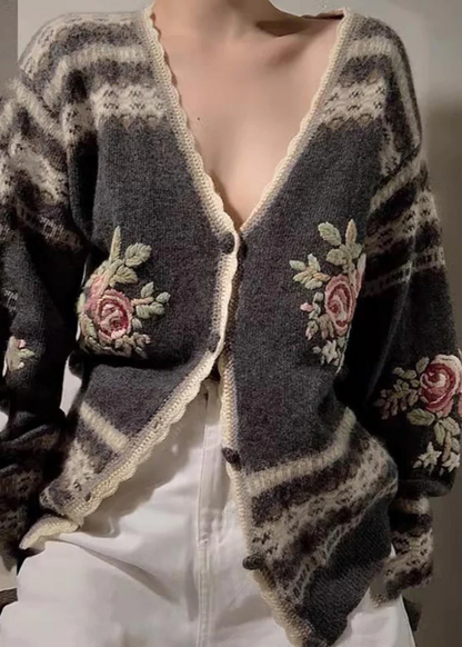 Women's Loose Embroidered Floral Knit Cardigan