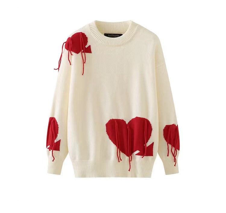 Pullover White Heart Fringe Knit Sweater