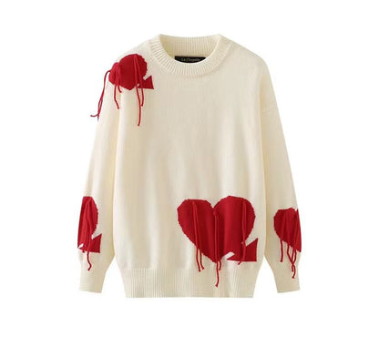 Pullover White Heart Fringe Knit Sweater