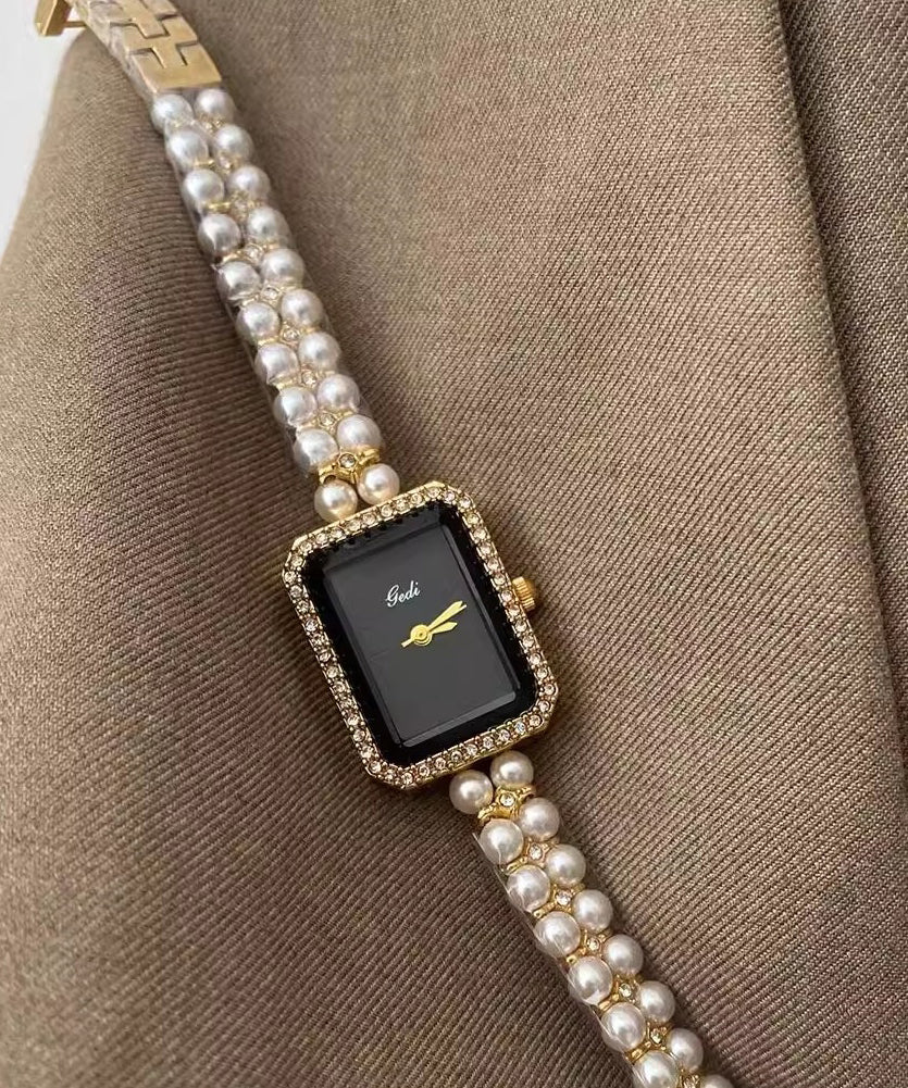 Women's Black Metal Square Chain Pearl Watch
