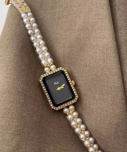Women's Black Metal Square Chain Pearl Watch