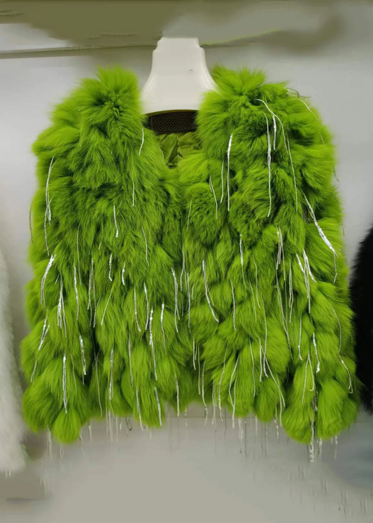 Women's Green Original Design Leather Fur Coat Spring