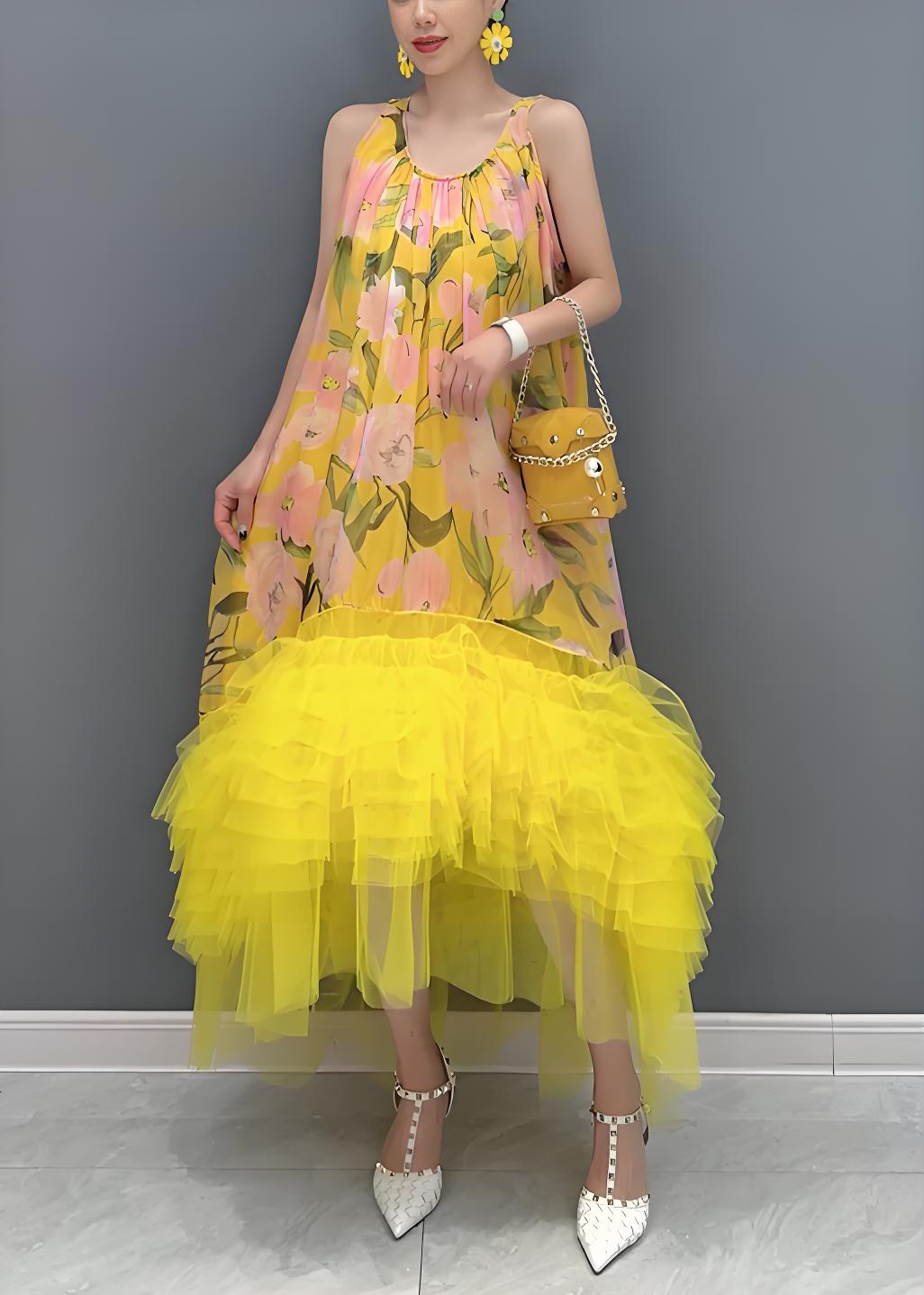 Women's Yellow Printed Ruffle Tulle Patchwork Sleeveless Dress
