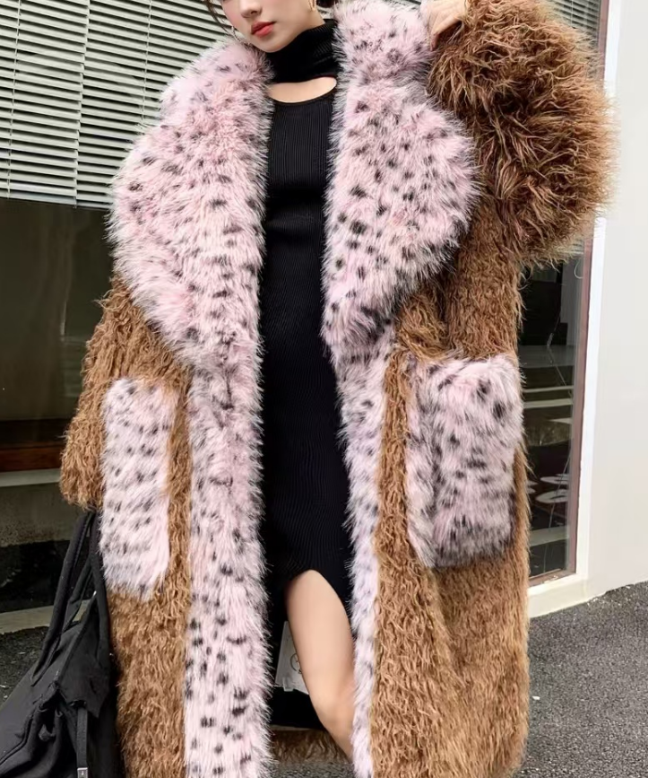 Women's Plus Size Lapel Leopard Print Pocket Coat
