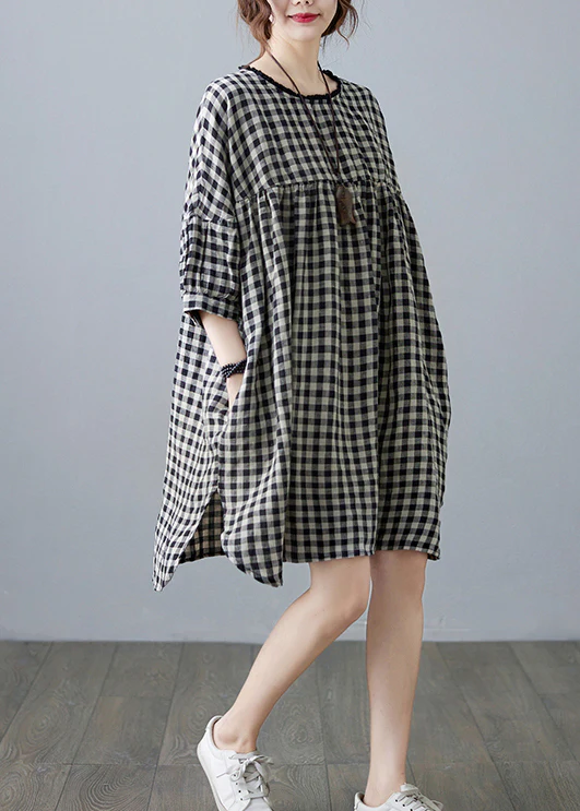 Vintage O Neck Pocket Plaid Linen Dress