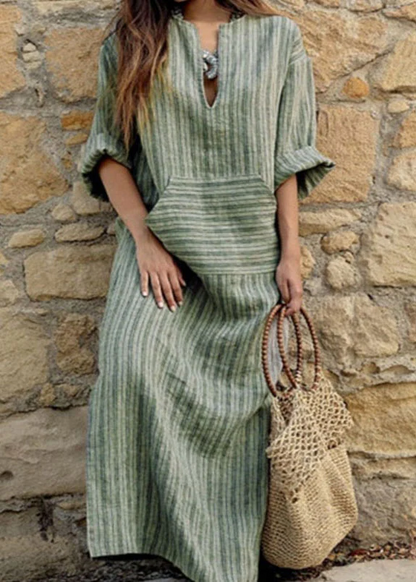 Gray Round Neck Striped Patchwork Maxi Dress