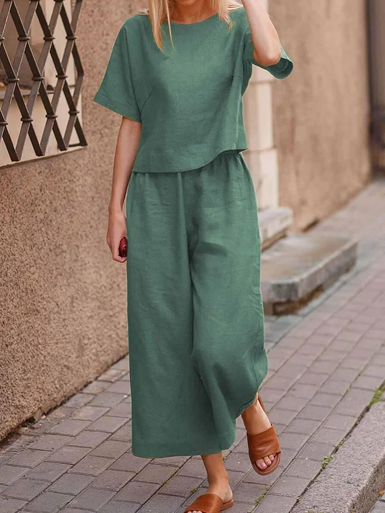 Women's Big Size Linen Casual Top and Wide Leg Pants Set Spring