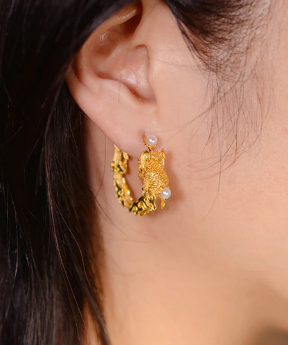 Chinese Style Gold Copper and Gold Plated Pearl Hoop Earrings