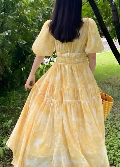 Women's Boho Yellow V-Neck Printed Long Dresses