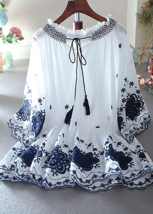 Women's Slim White Embroidered Cotton A-line Top