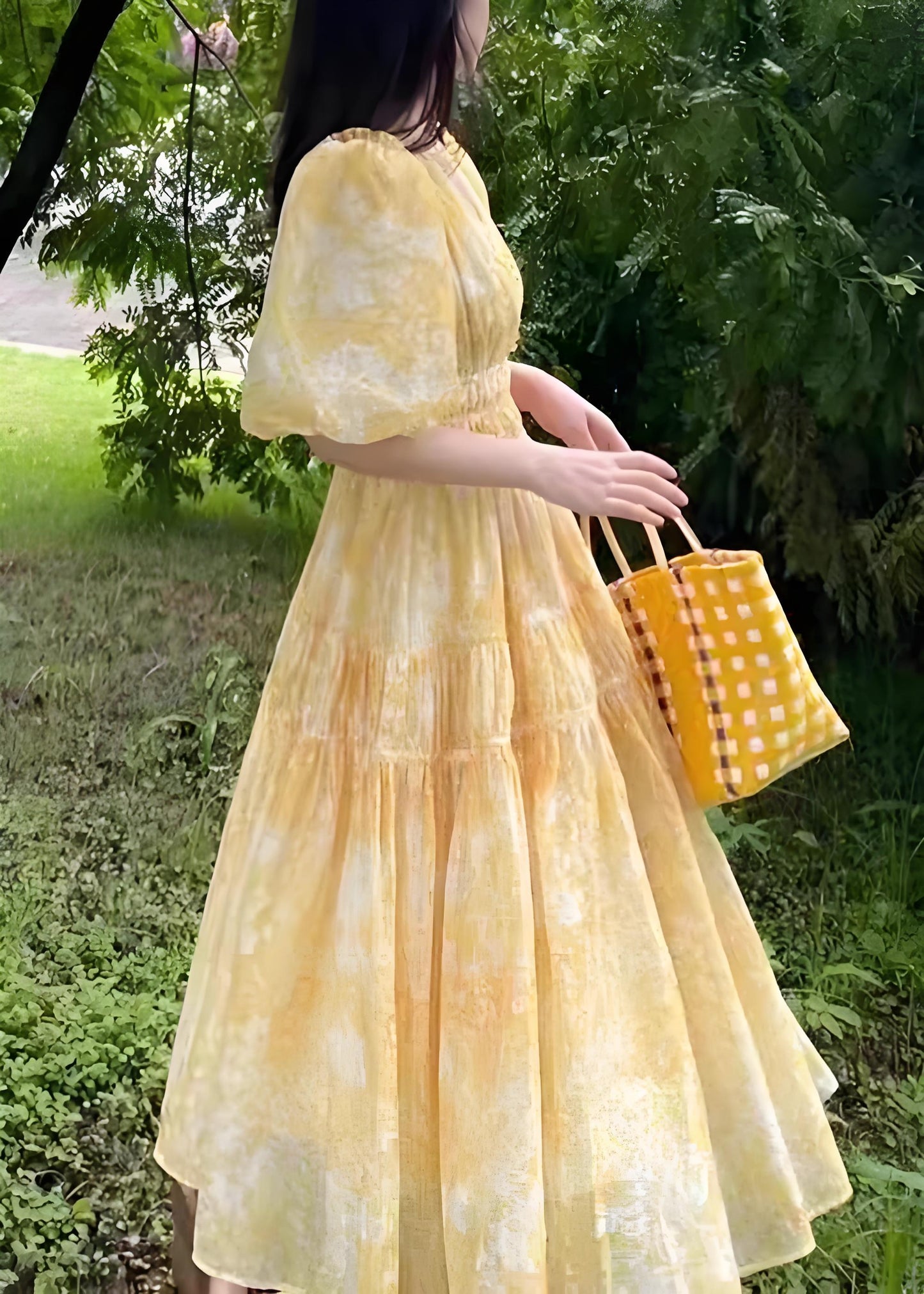 Women's Boho Yellow V-Neck Printed Long Dresses