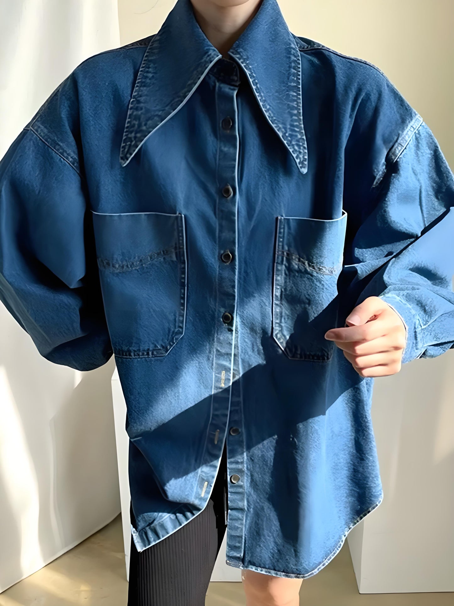 Women's Loose Peter Pan Collar Pocket Long Sleeve Denim Shirt Spring