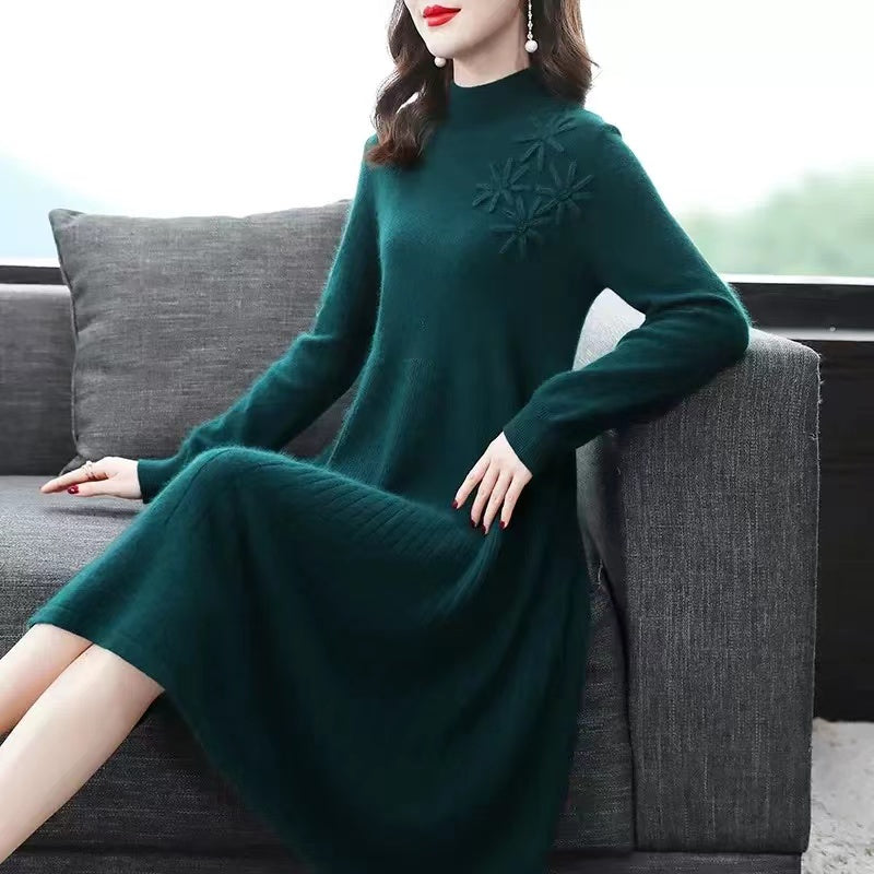 French Red Embroidered Floral High Neck Wool Knit Dress