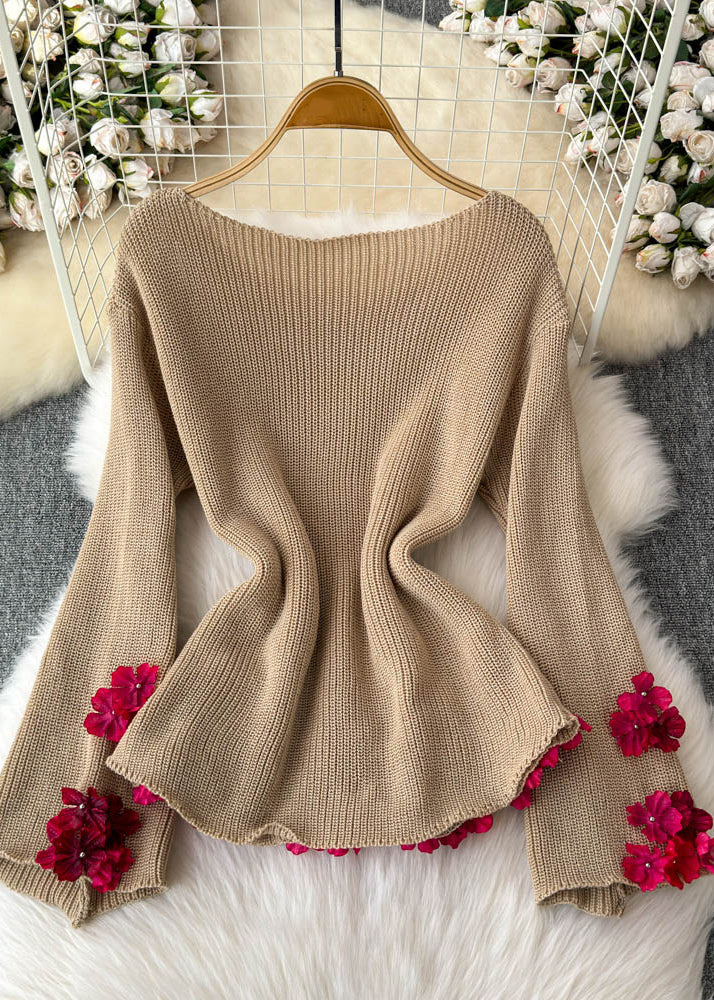 Khaki Slant Neck Floral Cotton Knit Sweater