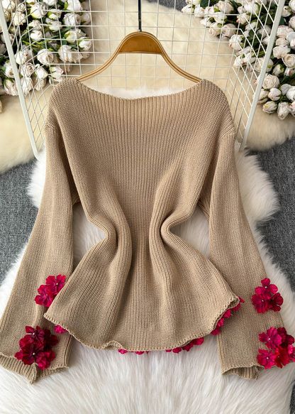 Khaki Slant Neck Floral Cotton Knit Sweater
