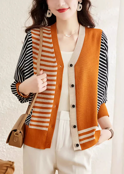 Women's Orange V-Neck Striped Button Down Cardigan Jacket