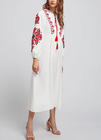 Elegant V-Neck Tie Embroidered Fringe Long Sleeve Dress