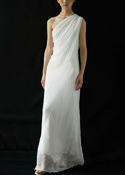 Women's Italian White One Shoulder Ruched Long Dress Summer