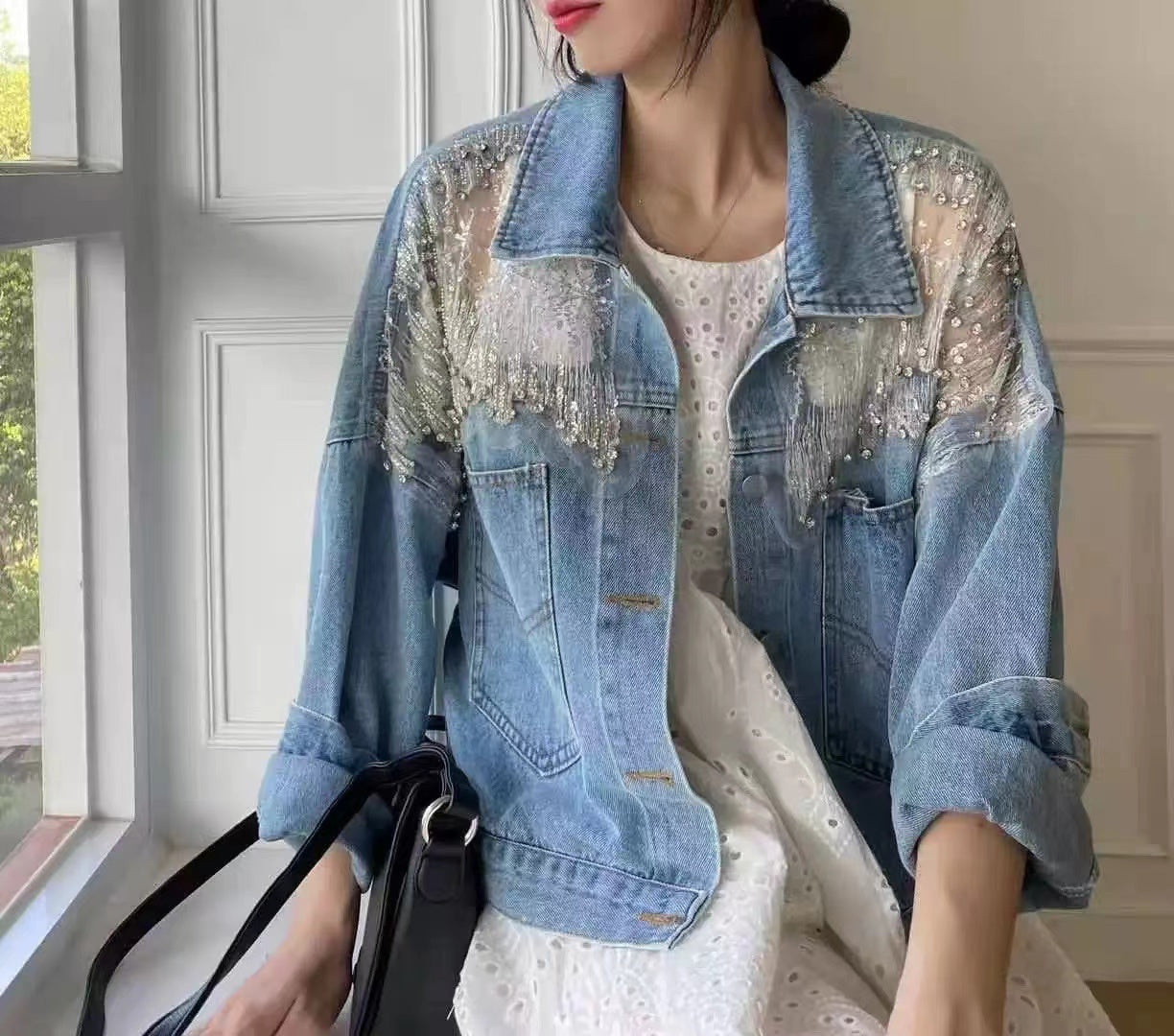 Casual Thin Mesh Spliced Denim Jacket Top
