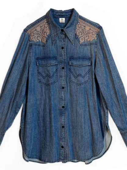 Elegant Embroidery Lapel Pocket Long Sleeve Shirt Denim Top