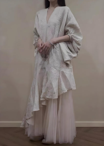 Women's Italian Beige Asymmetric Tulle Patchwork Lantern Sleeve Long Dress Spring