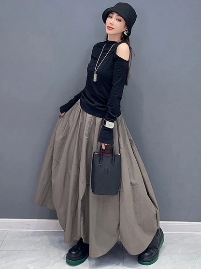 Women's Gray Elastic Waist Petal Hem Bubble Sleeve Halter Dress Spring
