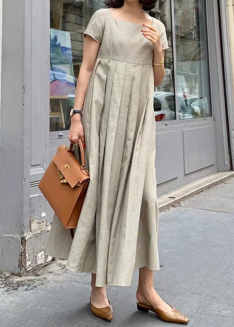 French Square Neck Wrinkled Cotton Short Sleeve Maxi Dress