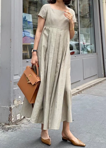 French Square Neck Wrinkled Cotton Short Sleeve Maxi Dress